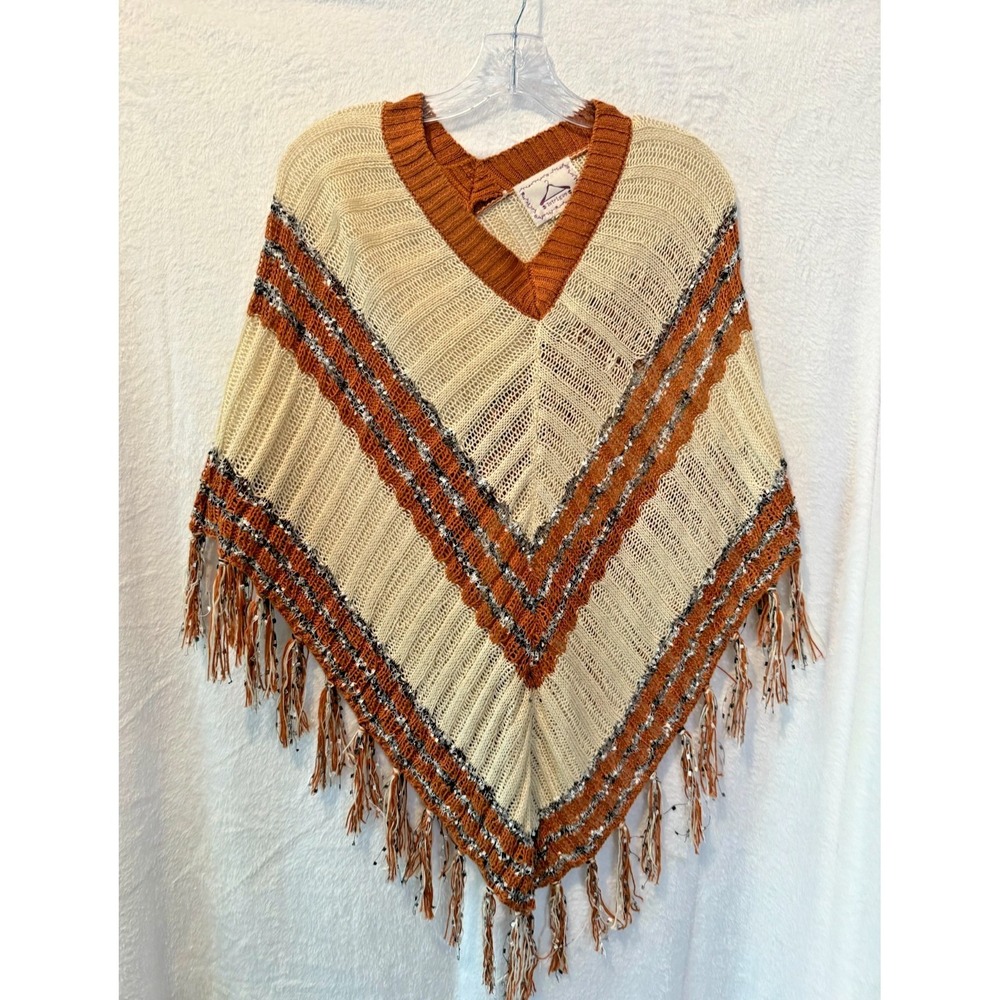 Intrigue Boho Fringe Knit Poncho V-Neck Earth Tones Soft‎ Cozy Open Weave